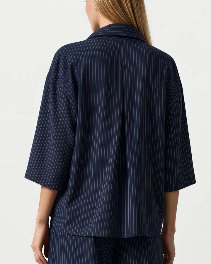 Avery Pinstripe Rayon Linen Button Down Top - Navy | Made in USA