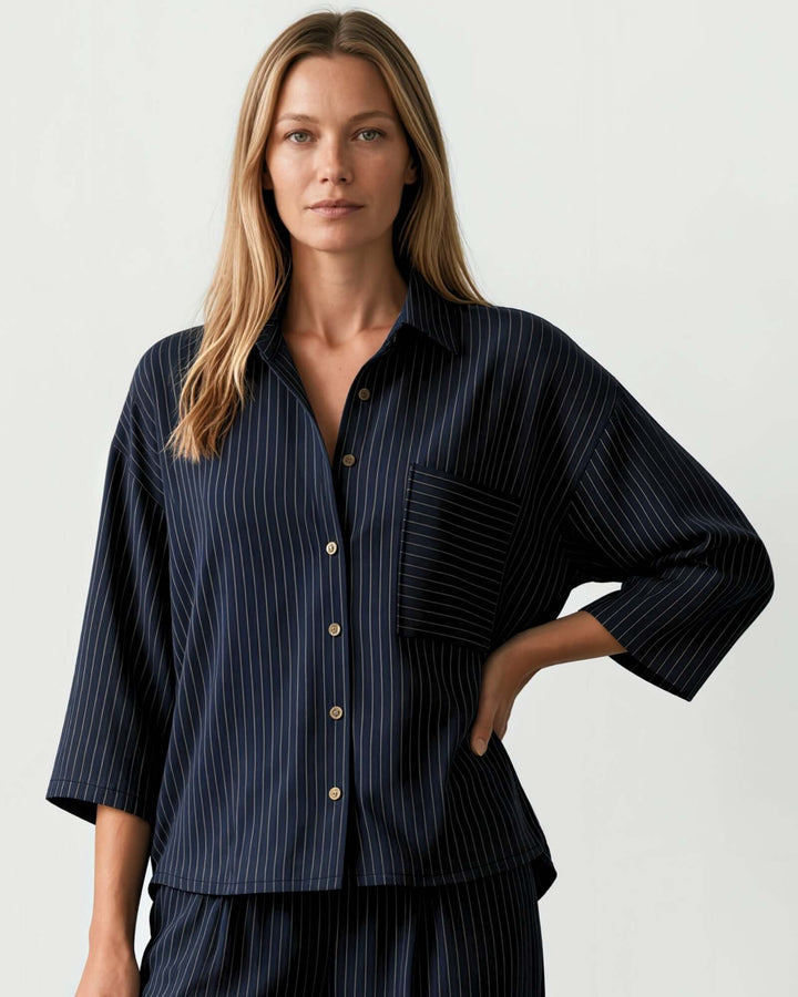 Avery Pinstripe Rayon Linen Button Down Top - Navy | Made in USA