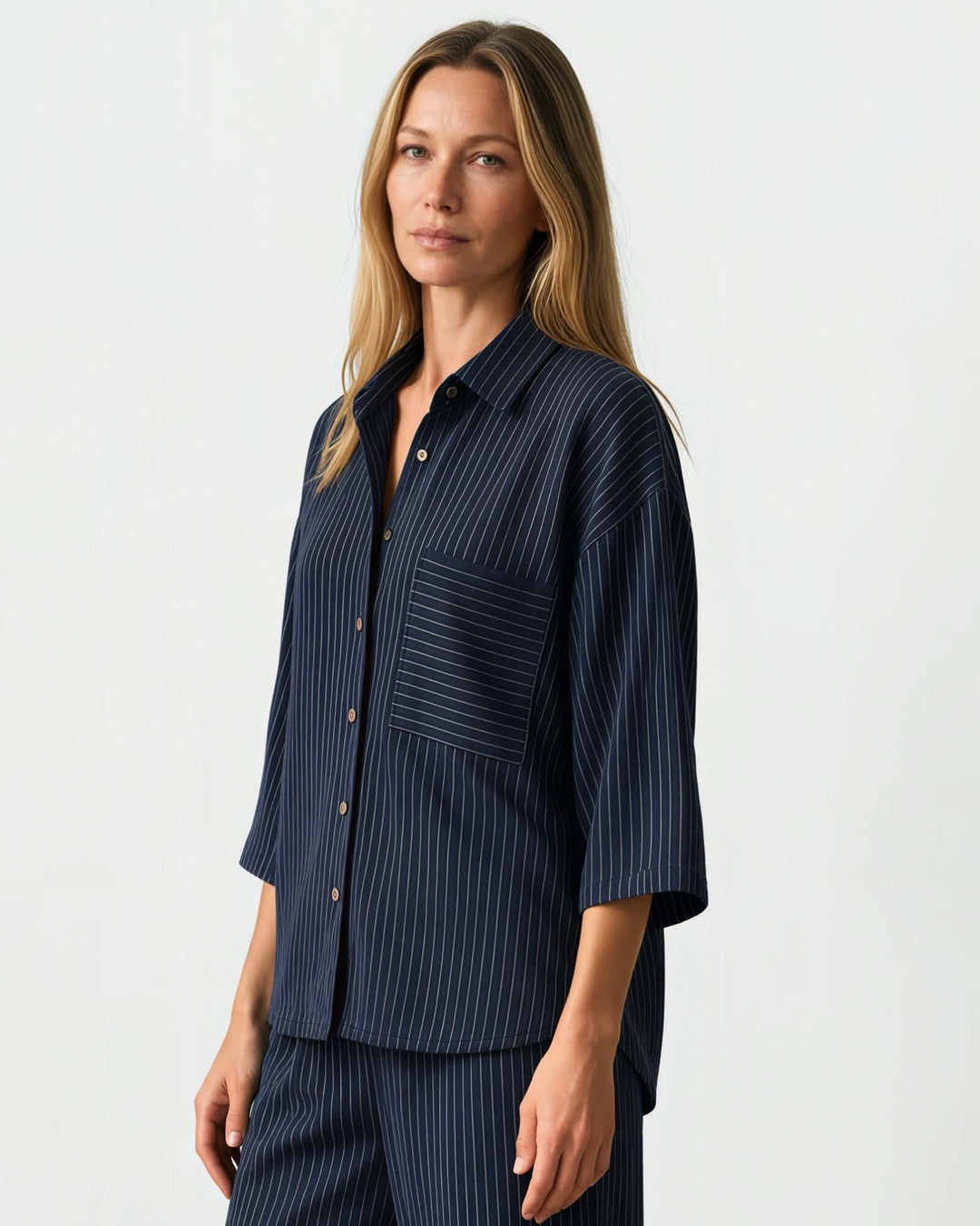 Avery Pinstripe Rayon Linen Button Down Top - Navy | Made in USA