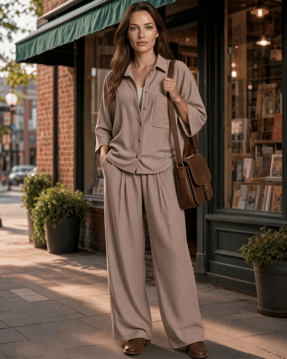 Made in USA Avery Women's high-rise wide leg pinstripe pant in taupe. Elastic waist, pleated front, full length. 85% rayon, 15% linen. Sizes S–L.