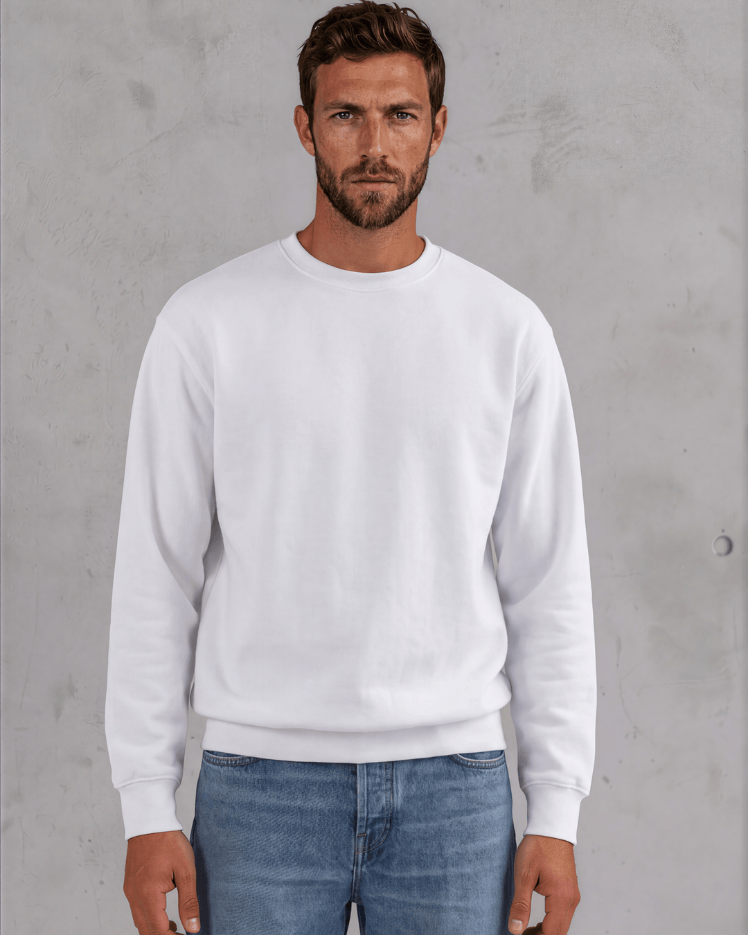 Men's long sleeve fleece sweatshirt made in USA with USA milled fabric. 9.5 oz, 80% cotton/20% polyester, crew neck, relaxed fit. White or Heather Gray.