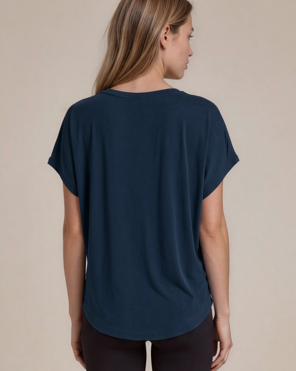 Women's viscose bamboo & organic cotton poncho tee in navy. Super soft, breathable, cooling, dolman fit. Sustainably made in USA. Sizes XS–XL.