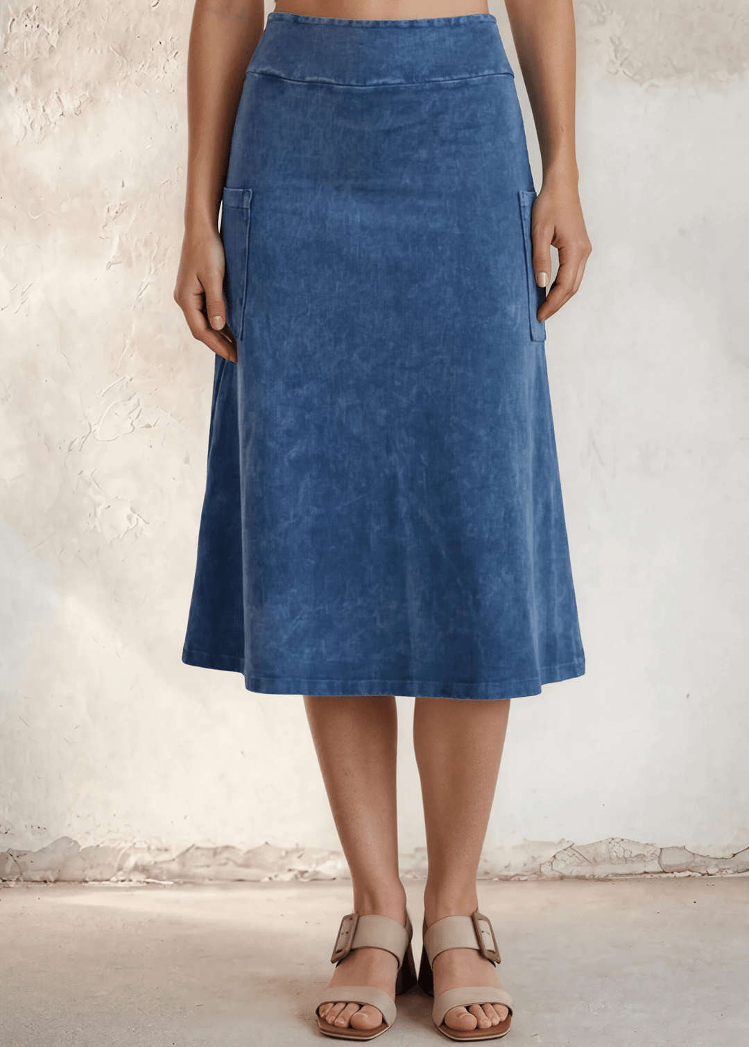 Made in USA Women's All Season Versatile Mineral Washed Cotton Stretch Midi Skirt, Side Patch Pockets, High Waist, Comfortable & Soft 4 Way stretch in Light Denim | Classy Cozy Cool Made in America Boutique