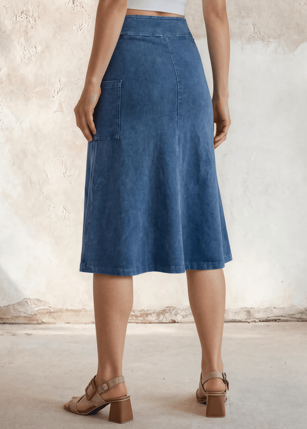 Made in USA Women's All Season Versatile Mineral Washed Cotton Stretch Midi Skirt, Side Patch Pockets, High Waist, Comfortable & Soft 4 Way stretch in Light Denim | Classy Cozy Cool Made in America Boutique