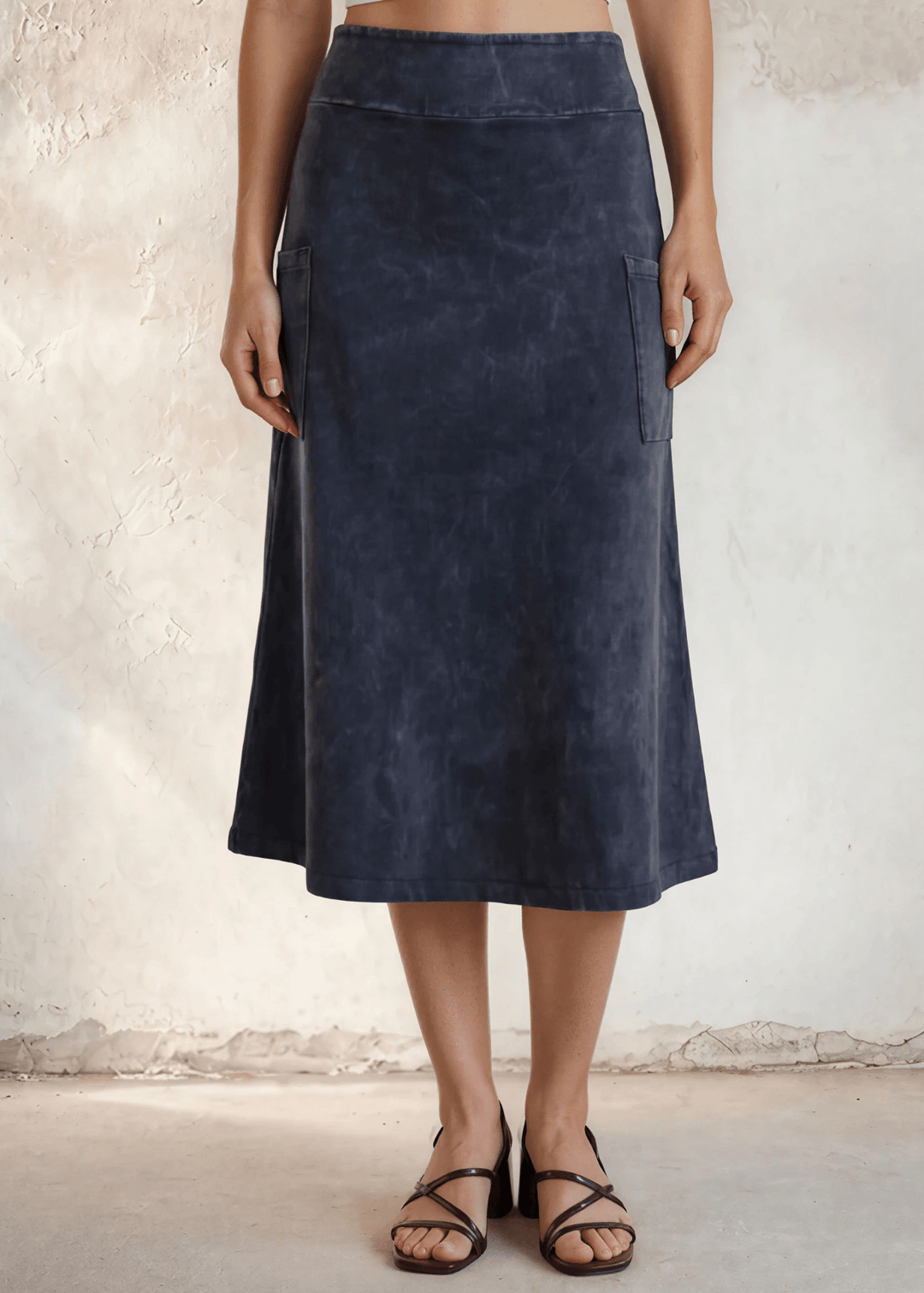 Made in USA Women's All Season Versatile Mineral Washed Cotton Stretch Midi Skirt, Side Patch Pockets, High Waist, Comfortable & Soft 4 Way stretch in Dark Gray Blue Denim | Classy Cozy Cool Made in America Boutique