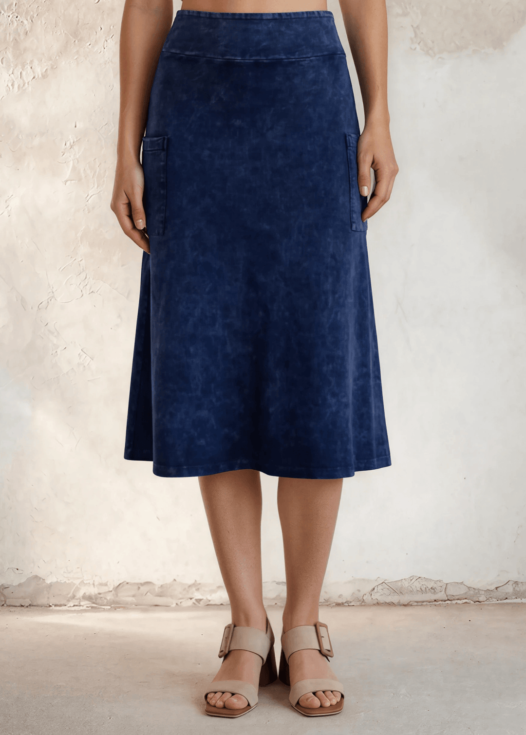 Made in USA Women's All Season Versatile Mineral Washed Cotton Stretch Midi Skirt, Side Patch Pockets, High Waist, Comfortable & Soft 4 Way stretch in Dark Denim | Classy Cozy Cool Made in America Boutique