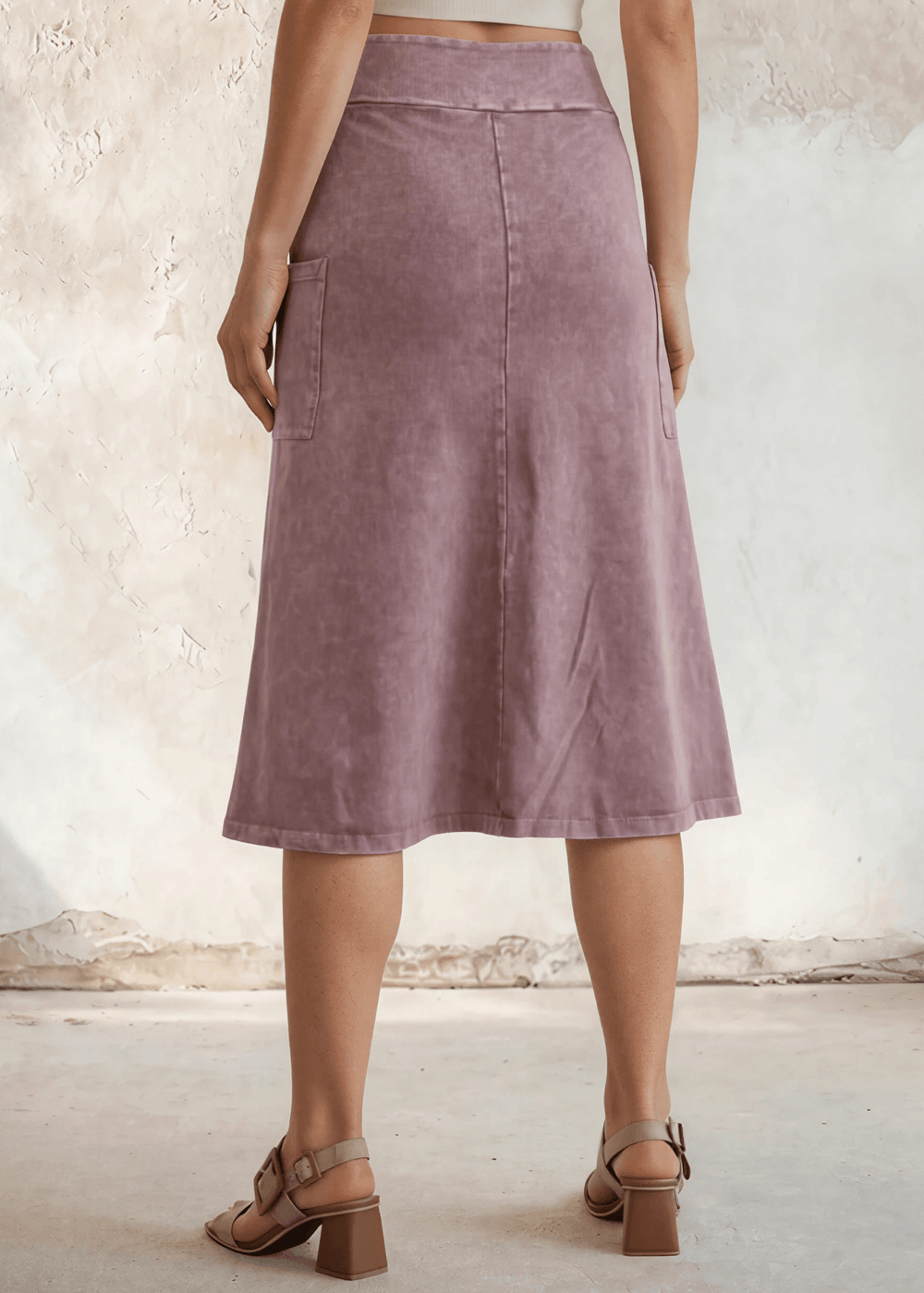 Made in USA Women's All Season Versatile Mineral Washed Cotton Stretch Midi Skirt, Side Patch Pockets, High Waist, Comfortable & Soft 4 Way stretch in Pink Denim | Classy Cozy Cool Made in America Boutique