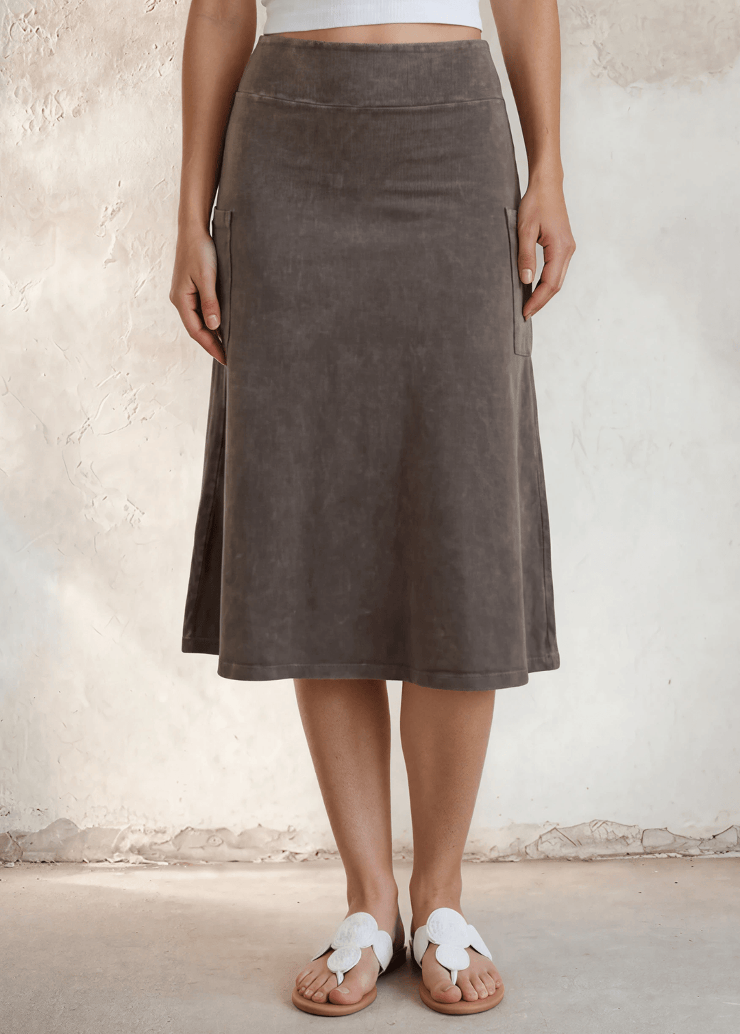 Made in USA Women's All Season Versatile Mineral Washed Cotton Stretch Midi Skirt, Side Patch Pockets, High Waist, Comfortable & Soft 4 Way stretch in Desert Taupe | Classy Cozy Cool Made in America Boutique