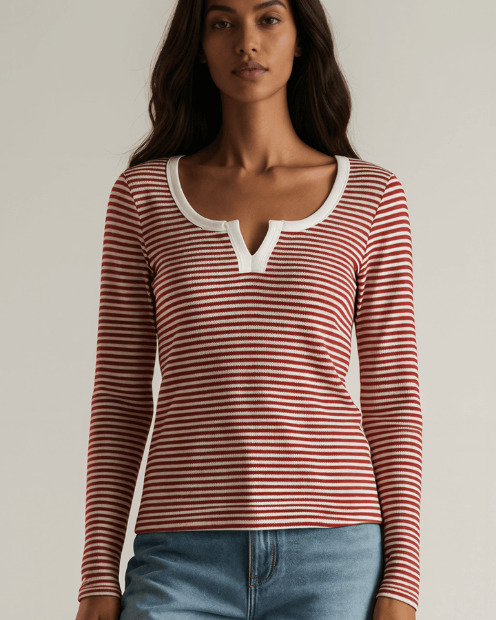 Made in USA. Burgundy &amp; Off White striped fitted rib knit top. Split V-neck with contrast trim, long sleeves. 97% rayon. Sizes S–XL.