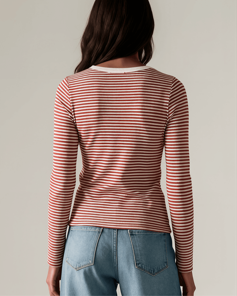 Made in USA. Burgundy & Off White striped fitted rib knit top. Split V-neck with contrast trim, long sleeves. 97% rayon. Sizes S–XL.