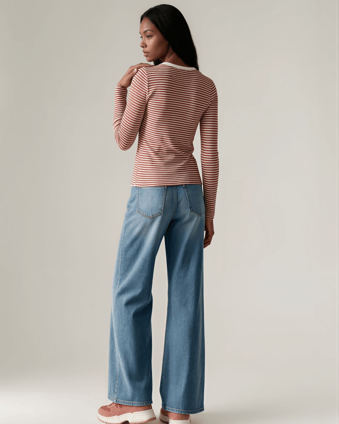 Made in USA. Burgundy &amp; Off White striped fitted rib knit top. Split V-neck with contrast trim, long sleeves. 97% rayon. Sizes S–XL.