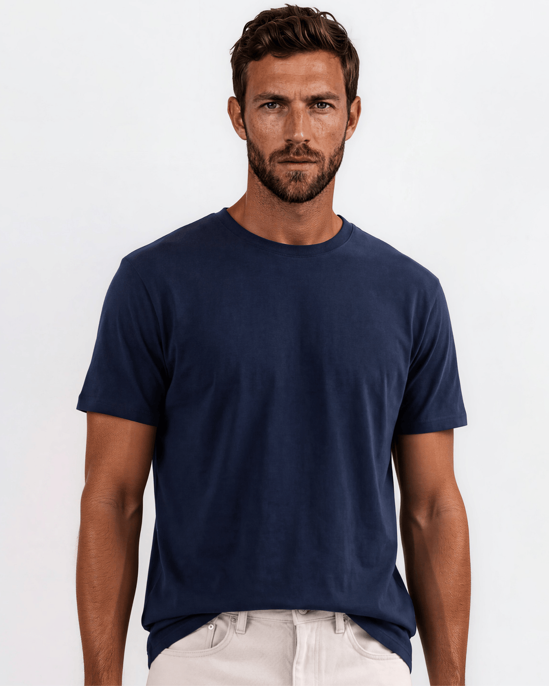 Men's classic navy blue crew neck tee made in USA with 100% USA-grown pre-shrunk cotton. Semi-fitted, super soft, 4.2 oz. Sizes S–3XL.