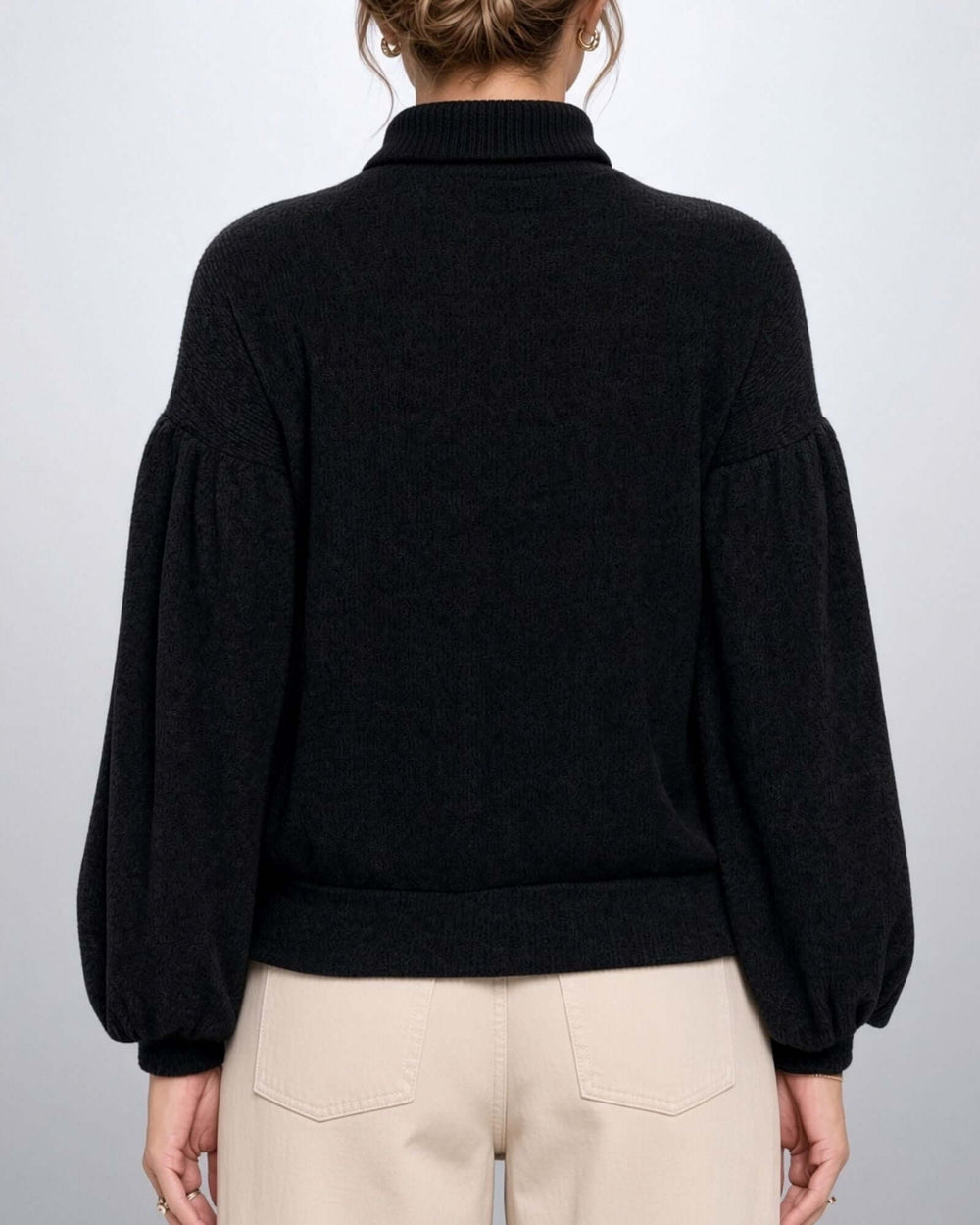 Made in USA Renee C Style 2741TP Women's Rib Knit Turtleneck Sweater Top with Balloon Cuffed Sleeve. Available in Black or Mocha, 94% Rayon, 6% Spandex