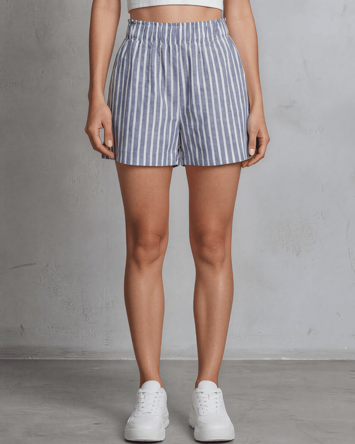 Shop the Stacy Striped Cotton Shorts in navy &amp; white. High-rise, relaxed fit, elastic waist, 4" inseam, sizes S-L. 90% Cotton/10% Linen. Made in USA.