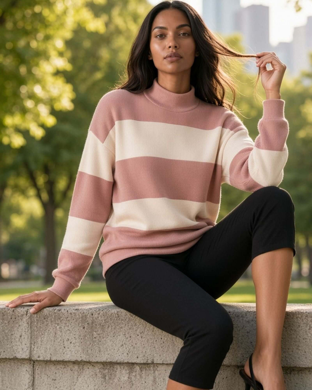 A woman wearing 
Made in USA pink and cream striped mock neck sweater with a relaxed fit, soft stretch knit fabric, long sleeves, and ribbed trim.
