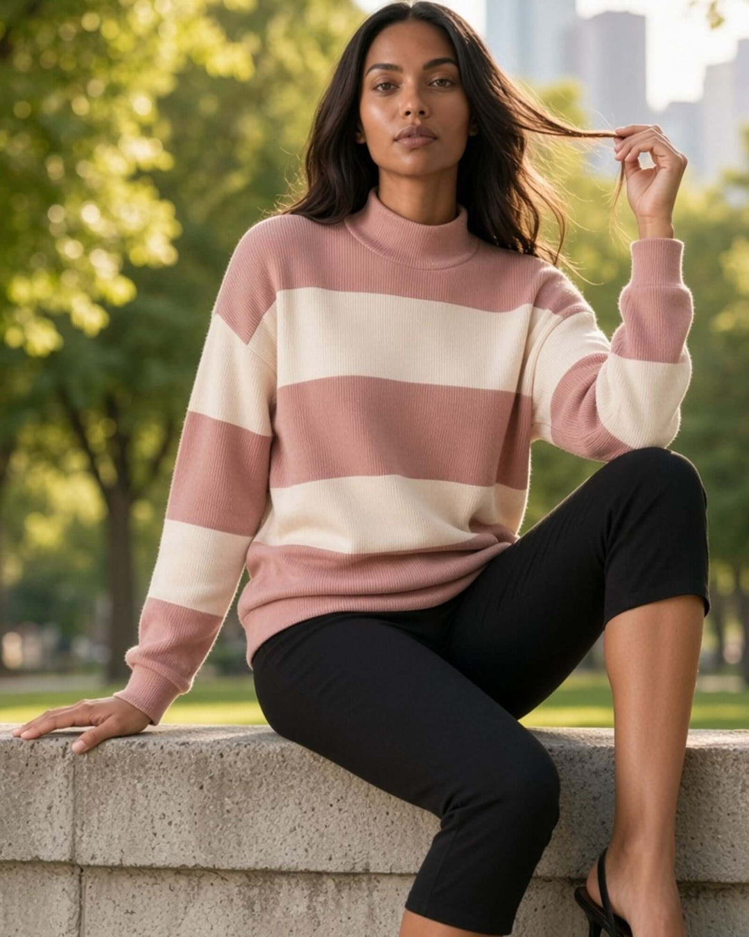 A woman wearing 
Made in USA pink and cream striped mock neck sweater with a relaxed fit, soft stretch knit fabric, long sleeves, and ribbed trim.