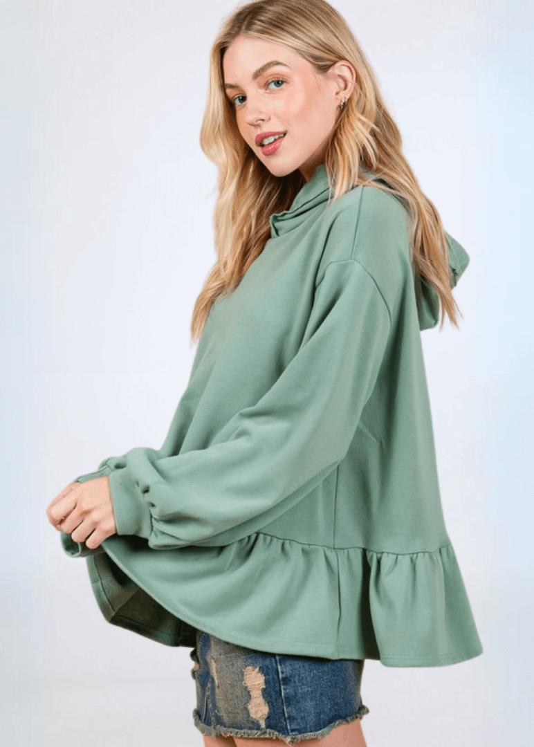 Made in USA Women's Baby Doll Oversized Hoodie with Flounce Ruffle Hem and  Long Balloon Sleeves, Banded Cuffs, Oversized Fit in Solid Sage Green | Classy Cozy Cool Made in America Boutique
