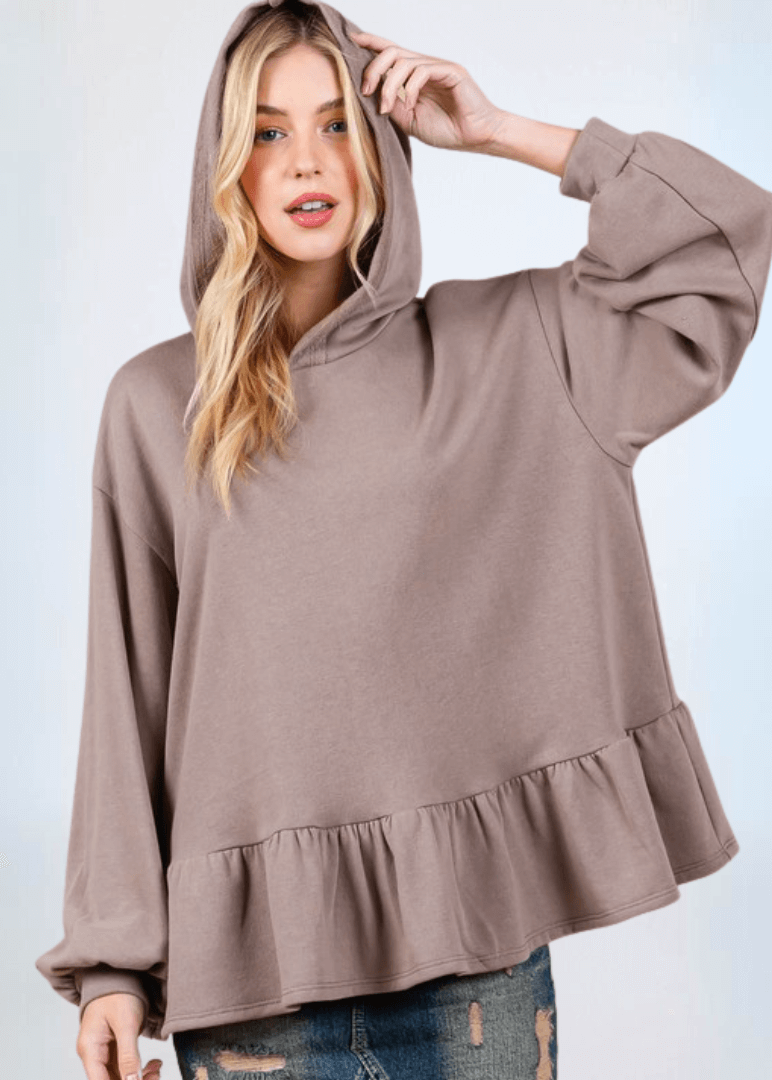 Made in USA Women's Baby Doll Oversized Hoodie with Flounce Ruffle Hem and  Long Balloon Sleeves, Banded Cuffs, Oversized Fit in Solid Mocha Brown | Classy Cozy Cool Made in America Boutique