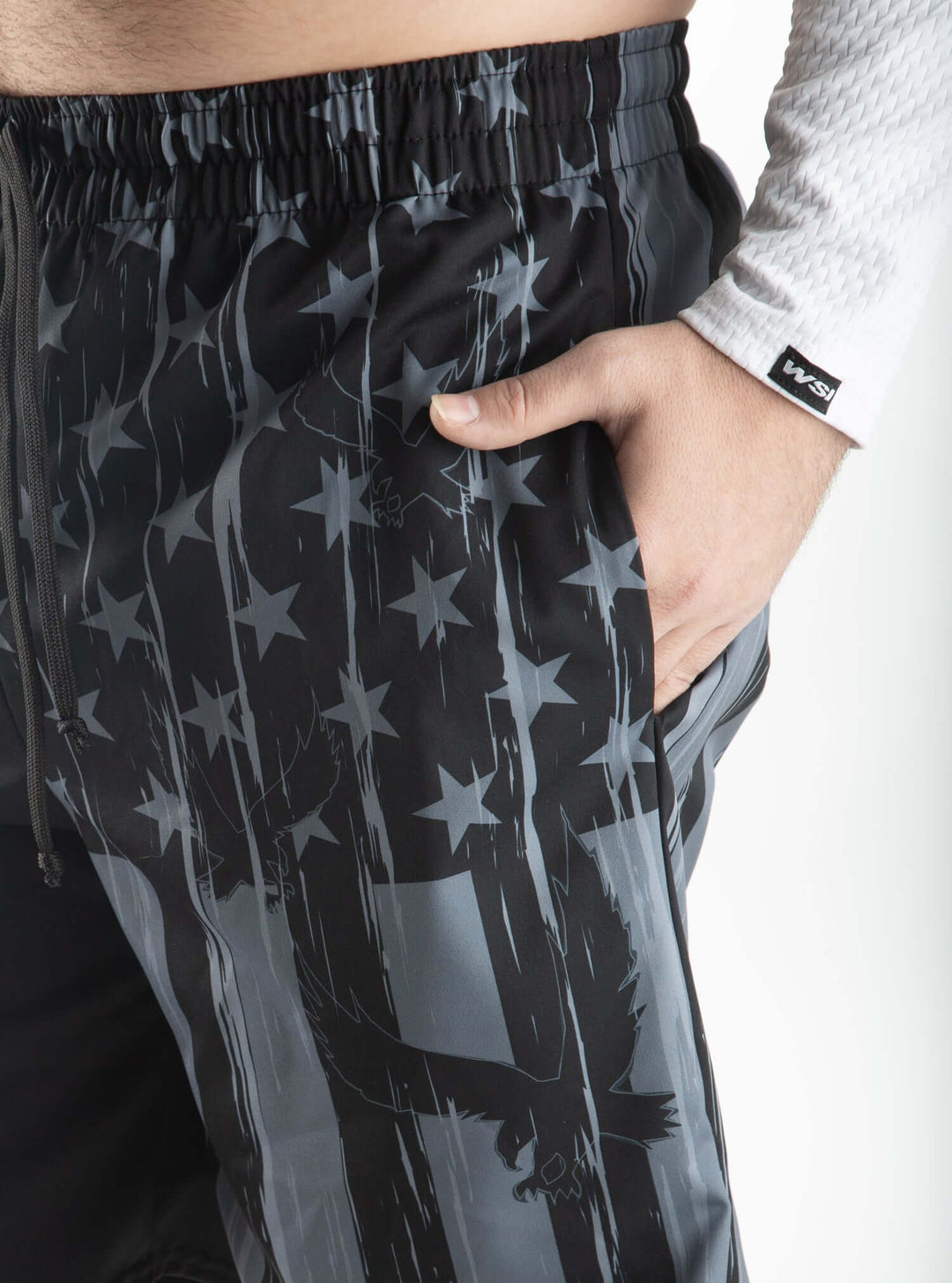 Made in USA. WSI Sportswear Men’s Eagle Flag Pocketed Swim Trunk. Quick Drying. Drawcord Waist. Patriotic Design. Gray.
