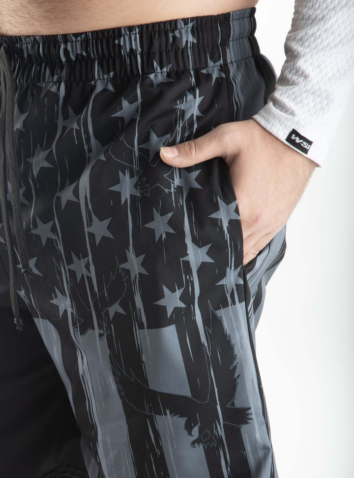 Made in USA. WSI Sportswear Men’s Eagle Flag Pocketed Swim Trunk. Quick Drying. Drawcord Waist. Patriotic Design. Gray.