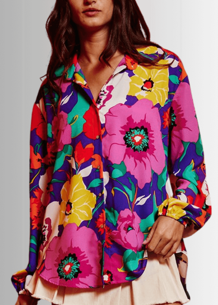 Bucket List Ladies Bright Color Floral Print Button Down Top | Style