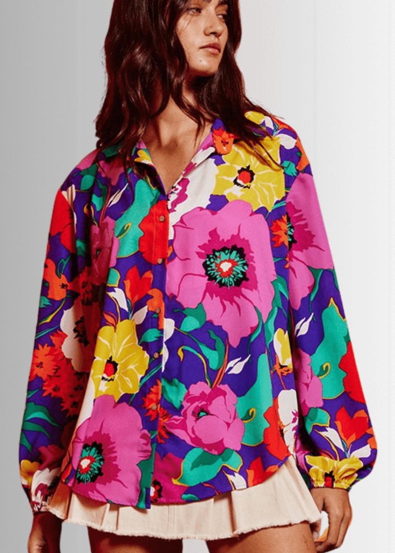 Bucket List Ladies Bright Color Floral Print Button Down Top | Style# T1943  | Made in USA | Classy Cozy Cool American Made Women's Clothing Boutique