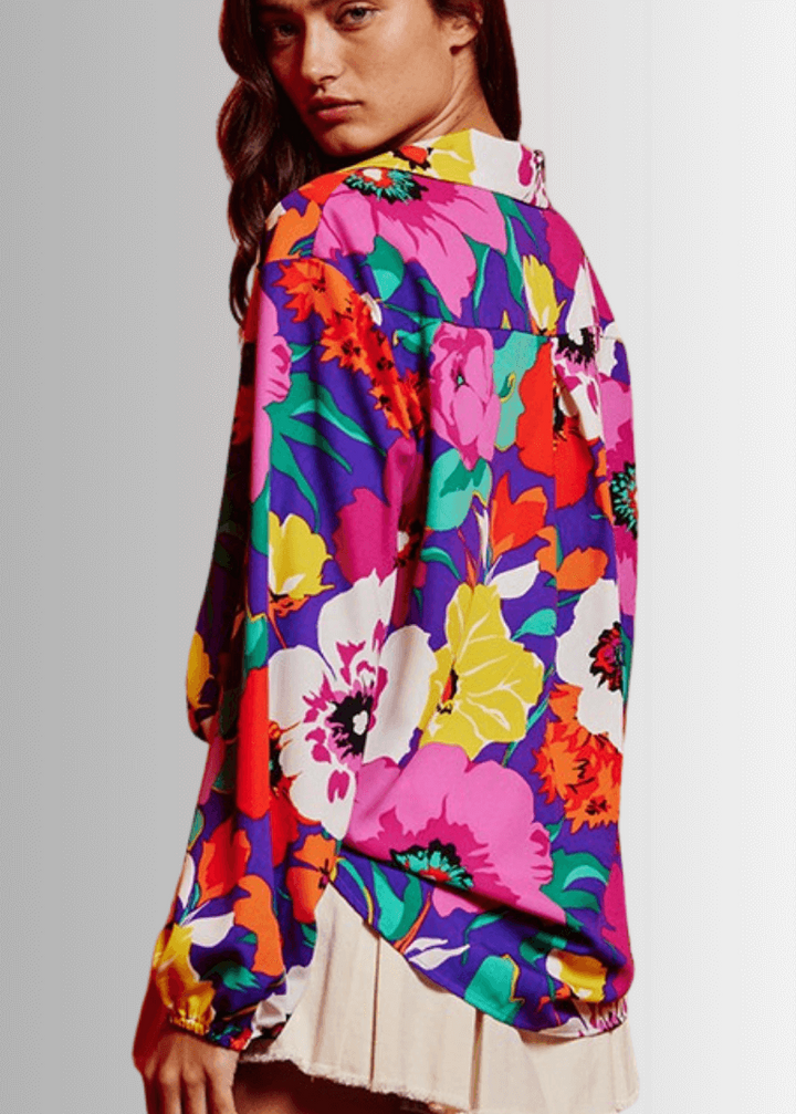 Bucket List Ladies Bright Color Floral Print Button Down Top | Style