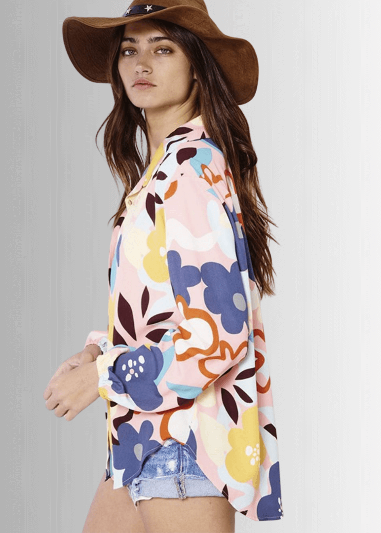 Bucket List Ladies Bright Color Floral Print Button Down Top | Style