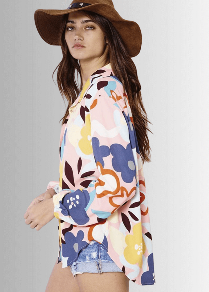 Bucket List Ladies Bright Color Floral Print Button Down Top | Style