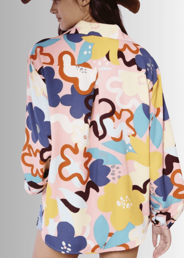 Bucket List Ladies Bright Color Floral Print Button Down Top | Style