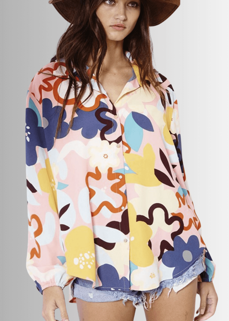 Bucket List Ladies Bright Color Floral Print Button Down Top | Style