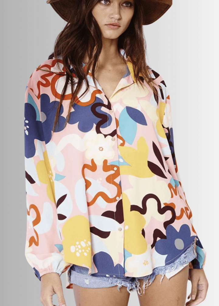 Bucket List Ladies Bright Color Floral Print Button Down Top | Style
