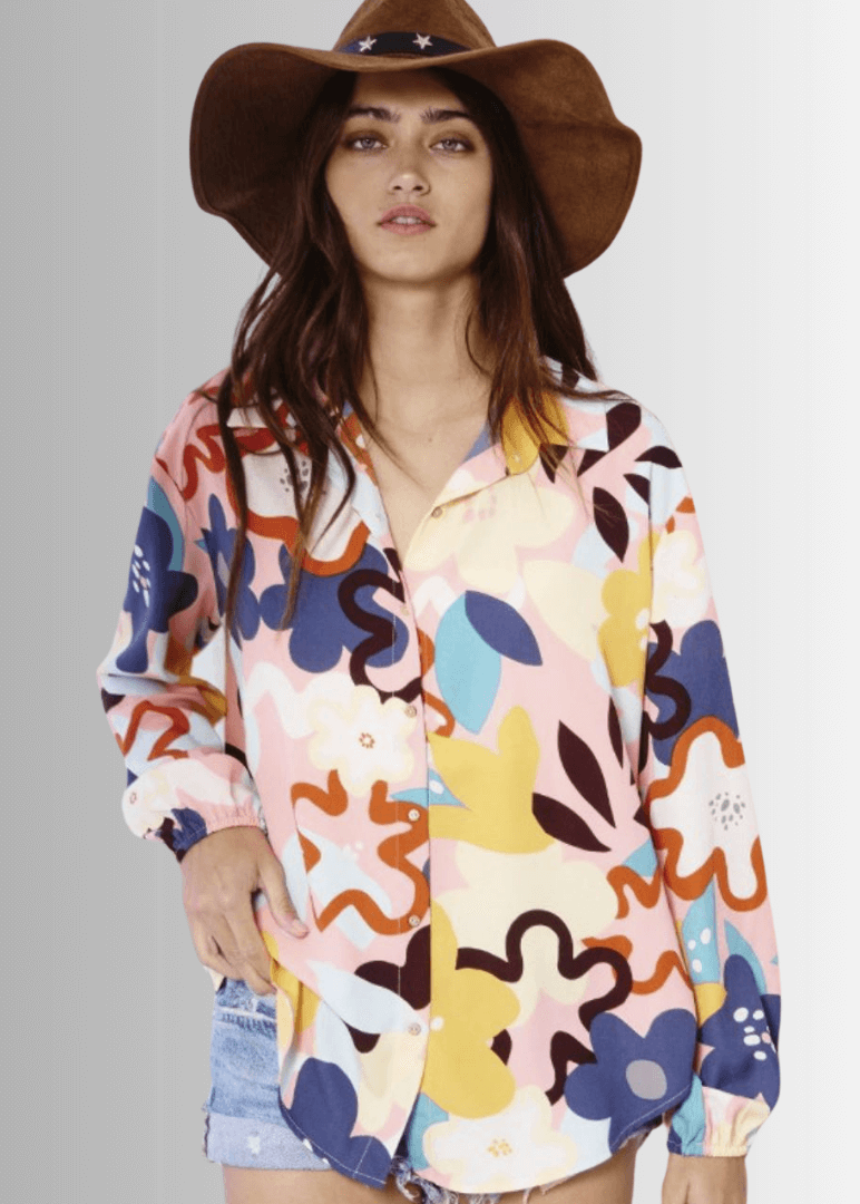 Bucket List Ladies Bright Color Floral Print Button Down Top | Style
