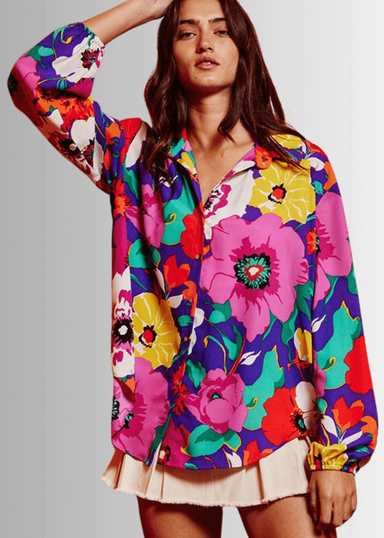 Bucket List Ladies Bright Color Floral Print Button Down Top | Style