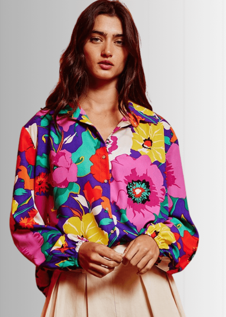 Bucket List Ladies Bright Color Floral Print Button Down Top | Style