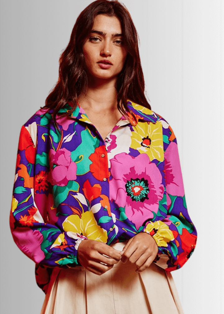 Bucket List Ladies Bright Color Floral Print Button Down Top | Style
