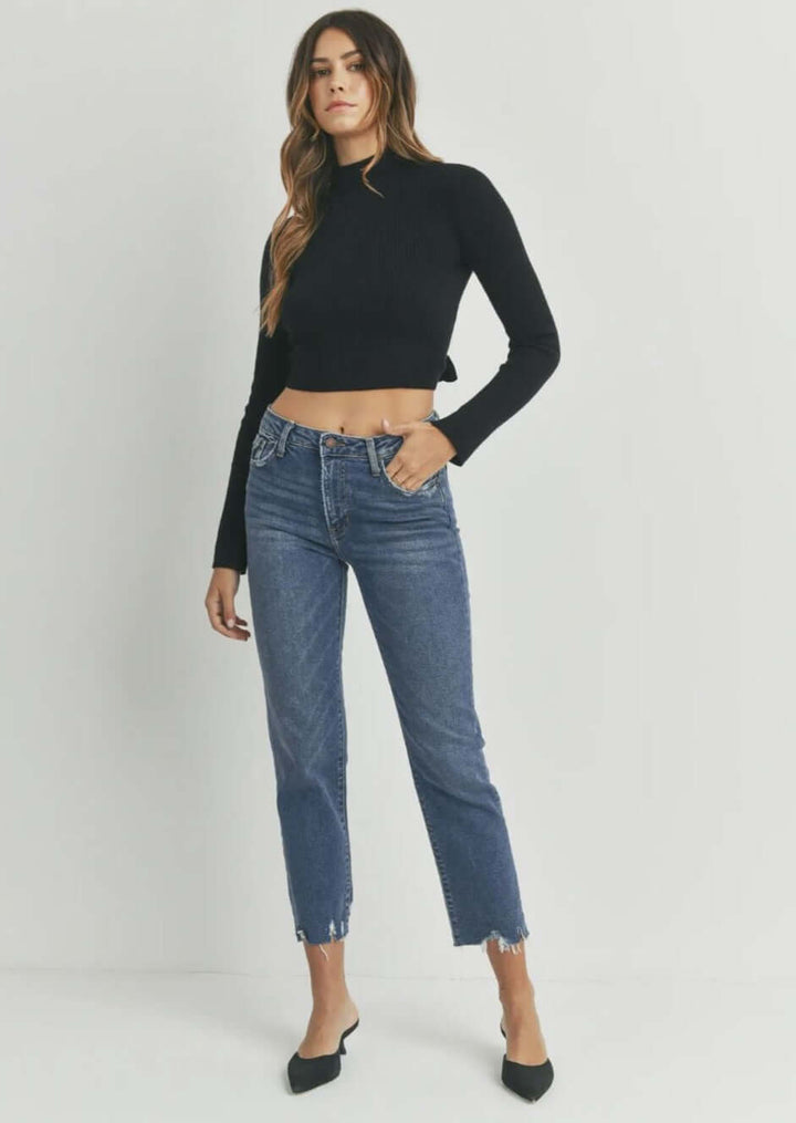 Just Black Denim Relaxed Fit Mid Rise Distressed Hem Cropped Jeans BP304J | Made in USA | Classy Cozy Cool Made in America Women&
