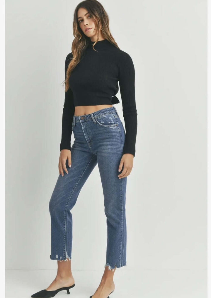 Just Black Denim Relaxed Fit Mid Rise Distressed Hem Cropped Jeans BP304J | Made in USA | Classy Cozy Cool Made in America Women&