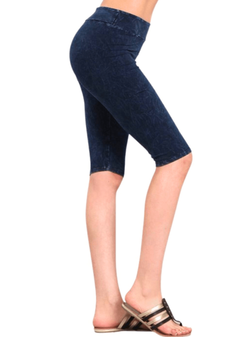 Ladies Mineral Washed Dark Denim Knee Length Biker Shorts | Chatoyant Style