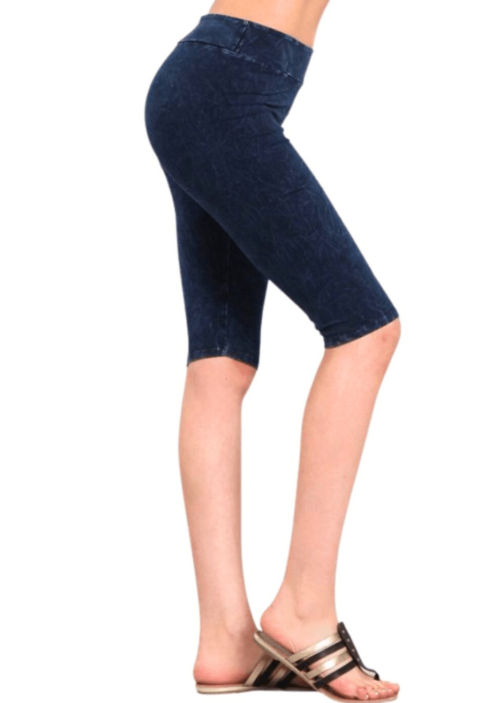 Ladies Mineral Washed Dark Denim Knee Length Biker Shorts | Chatoyant Style