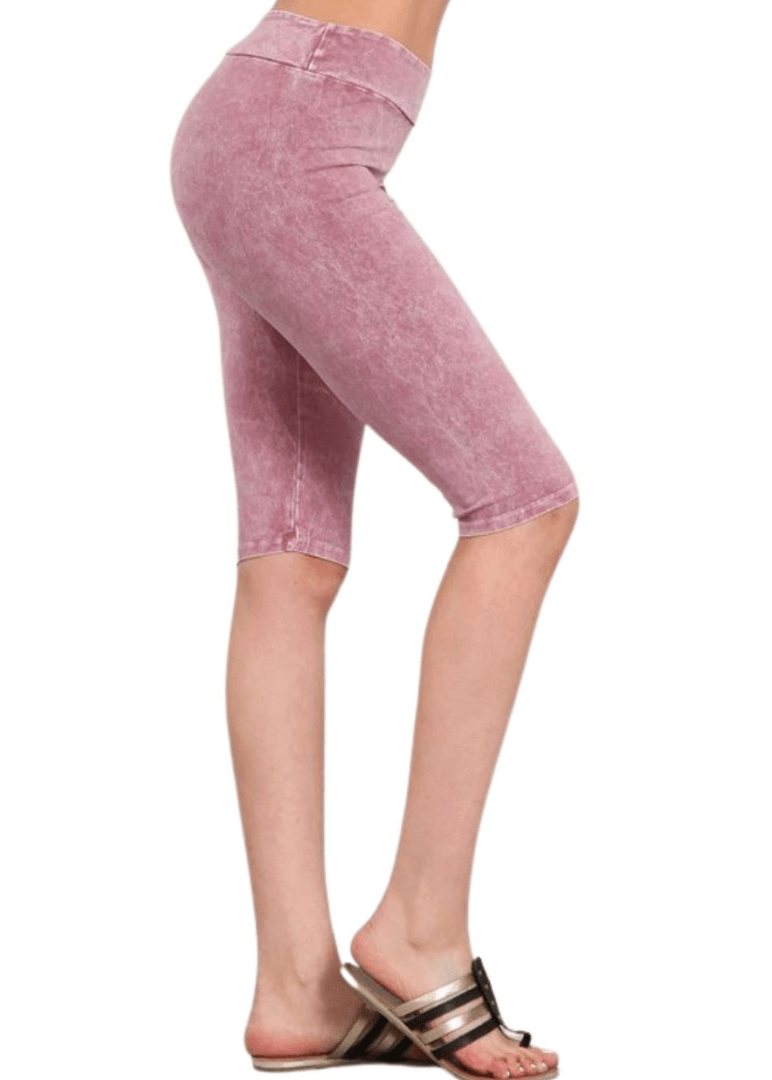 Ladies Mineral Washed Rose Denim Knee Length Biker Shorts | Chatoyant Style# C30331 | Made in USA | Classy Cozy Cool Women's Made in America Boutique