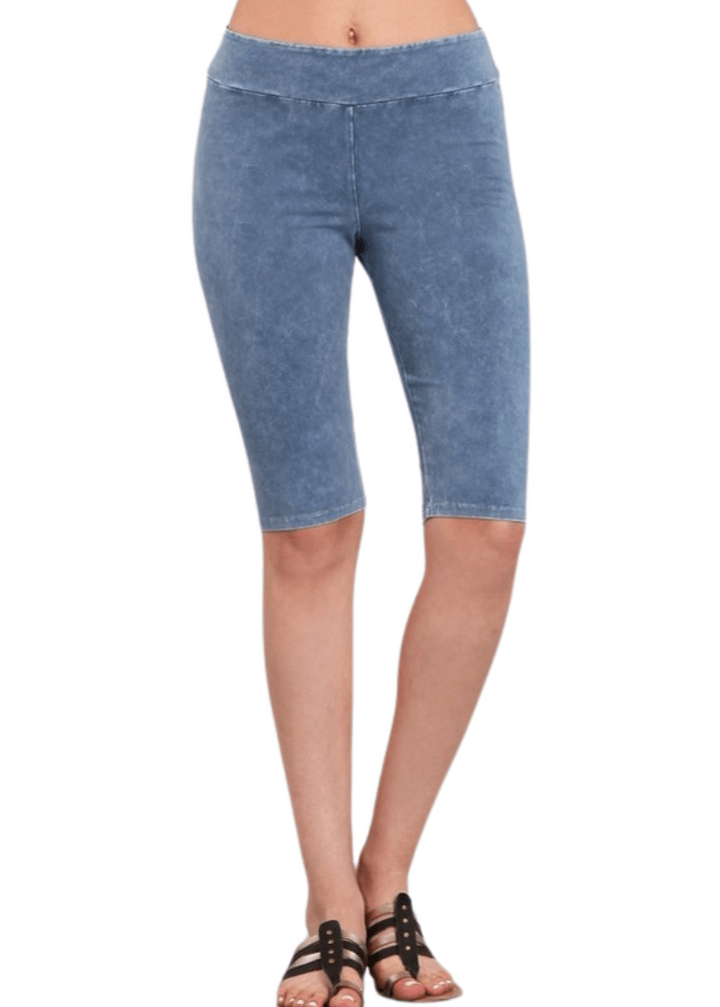 Ladies Mineral Washed Light Denim Knee Length Biker Shorts | Chatoyant Style