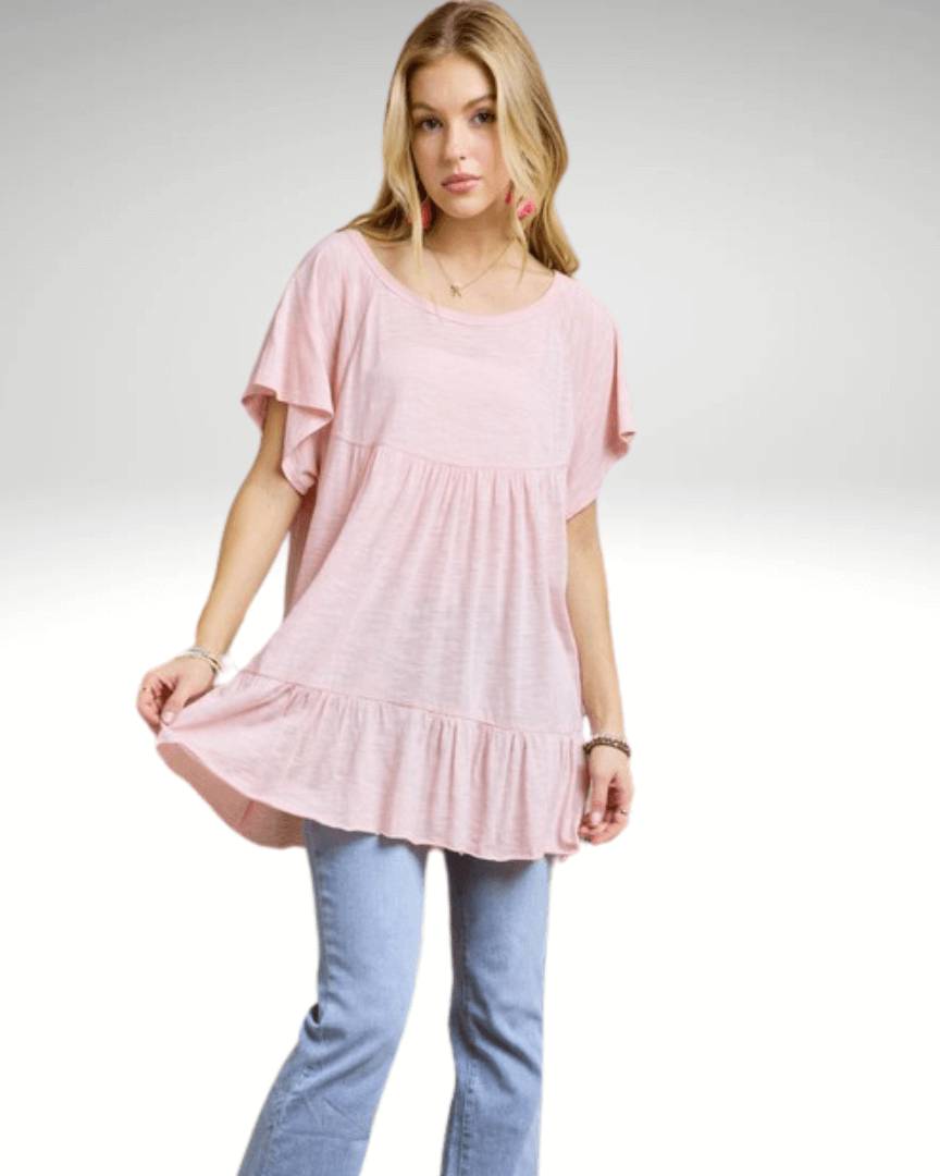 Made in USA Women's Tiered Ruffle Sleeved Cotton Blend Tunic Ultra Lightweight, Wide Round Neck, Loose Fit in Blush Pink | Classy Cozy Cool Made in America Boutique