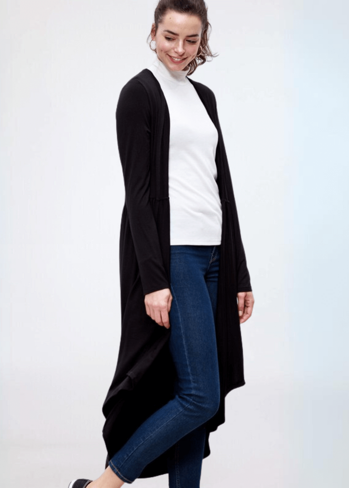 Made in USA Casual, Lightweight &amp; Oh So Soft Open Front Maxi Length Bamboo Duster for All Seasons in Black | Classy Cozy Cool Made in America Boutique