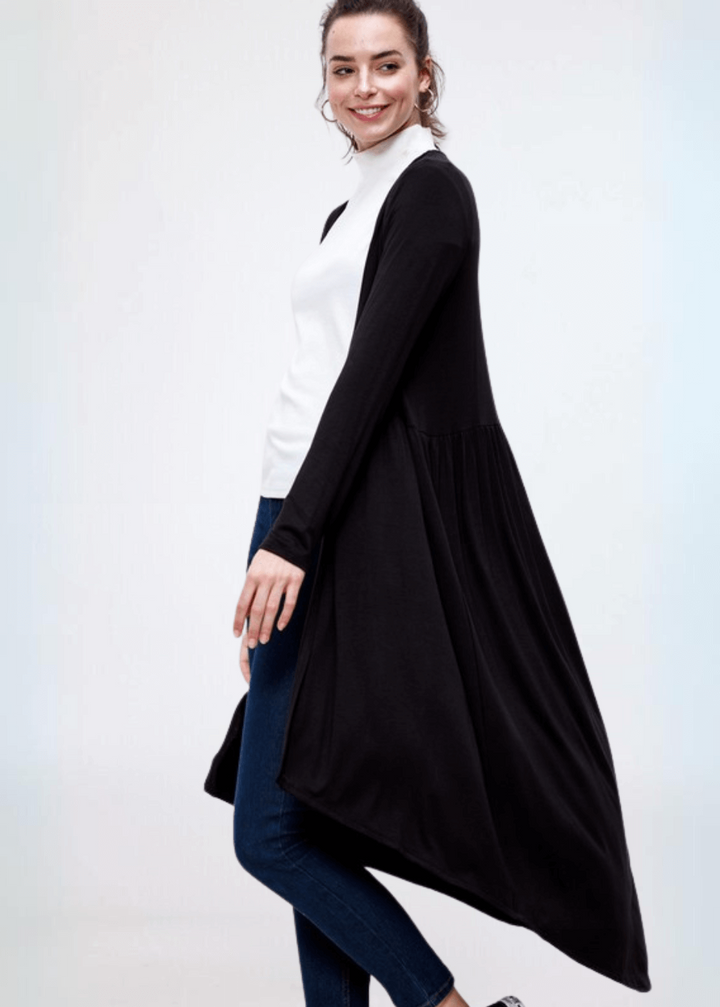 Made in USA Casual, Lightweight &amp; Oh So Soft Open Front Maxi Length Bamboo Duster for All Seasons in Black | Classy Cozy Cool Made in America Boutique