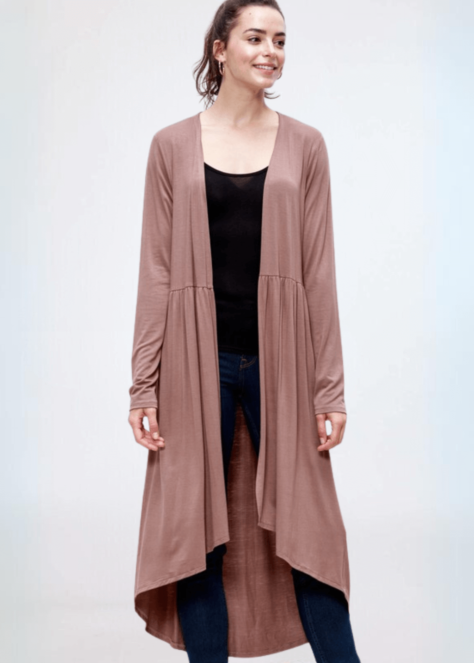 Made in USA Casual, Lightweight & Oh So Soft Open Front Maxi Length Bamboo Duster for All Seasons in Light Camel Brown | Classy Cozy Cool Made in America Boutique