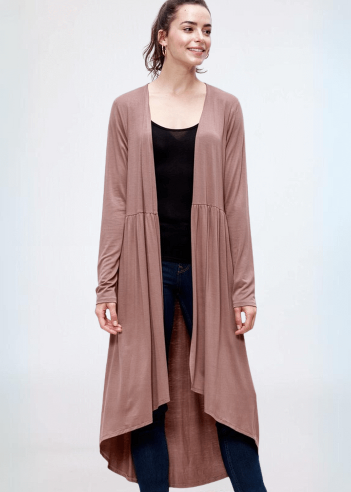 Made in USA Casual, Lightweight &amp; Oh So Soft Open Front Maxi Length Bamboo Duster for All Seasons in Light Camel Brown | Classy Cozy Cool Made in America Boutique
