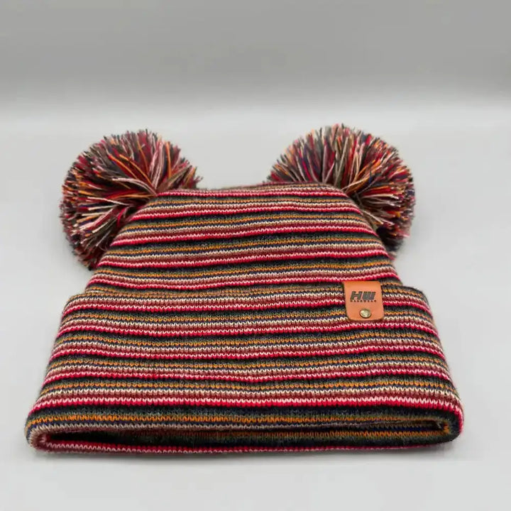 Patented H Stitch Beanie, Double Pom Pom, Multi Color