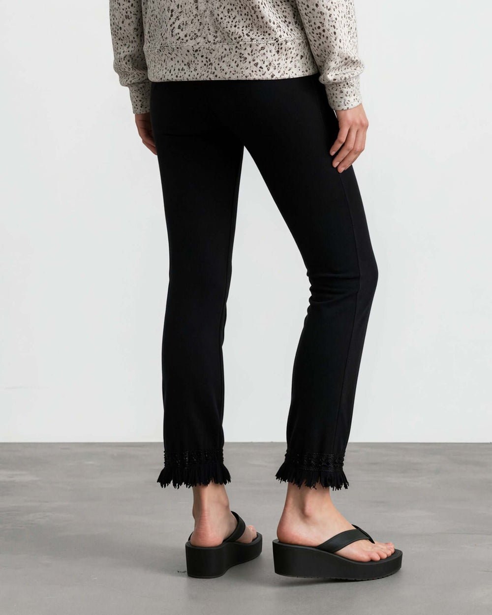 USA Made Women's Misses Mineral Washed Cotton Cropped Straight Leg Pants Jeggings with Crochet Fringed Hem  | P30374 | Classy Cozy Cool Made in USA Boutique 