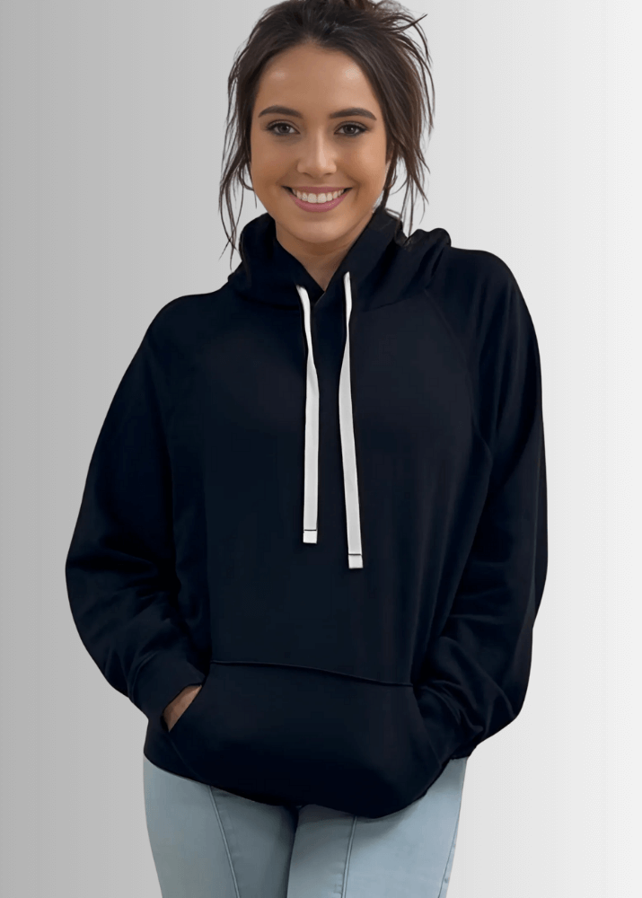 Made in USA Medium Weight Premium Cotton Hoodie Sweatshirt, Made with Premium USA Cotton, Oversized Fit, Lightweight, Crew Neck in Black | Classy Cozy Cool Women&